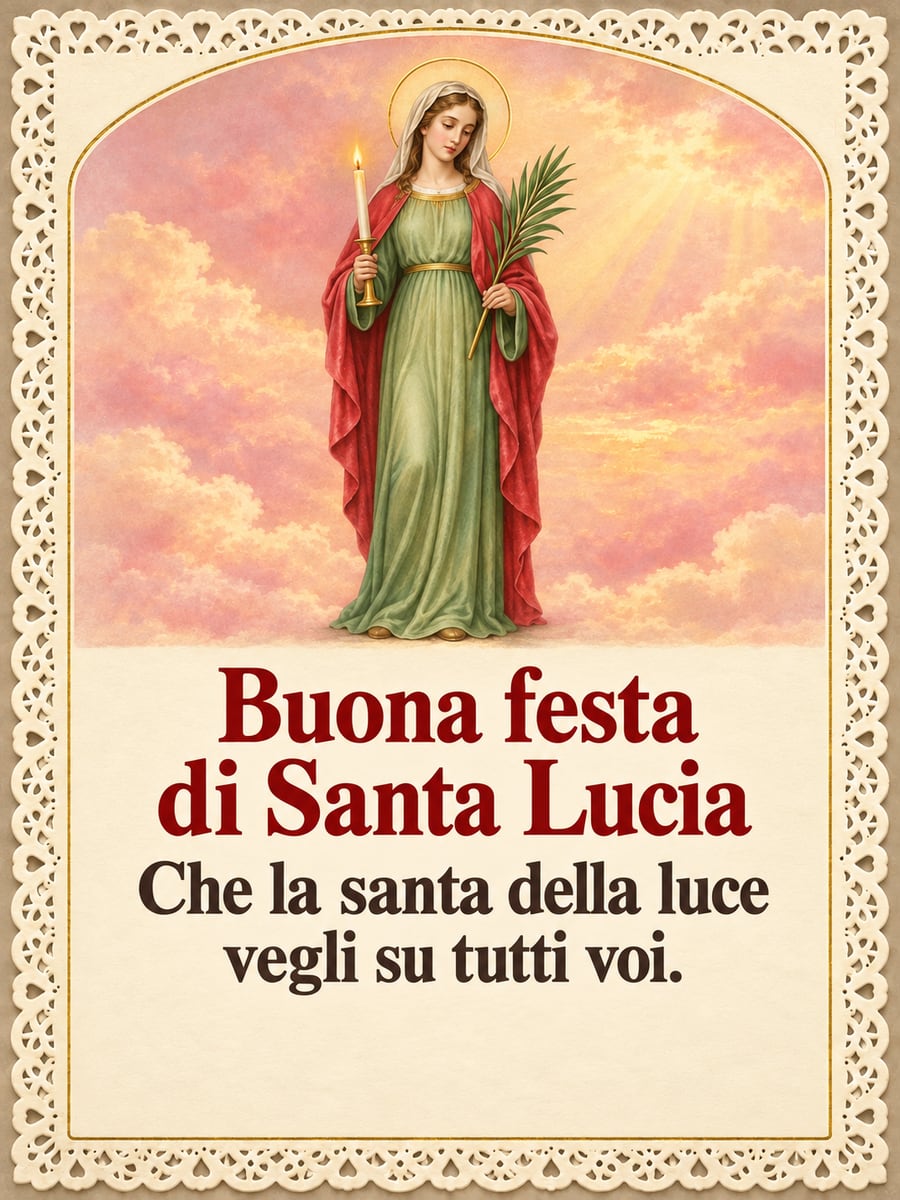 Immagine di Santa Lucia con la scritta «Buona festa di Santa Lucia» e «Che la santa della luce vegli su tutti voi.» – santino della santa con la candela e la palma, bordo di pizzo, cielo rosa e oro con le nuvole