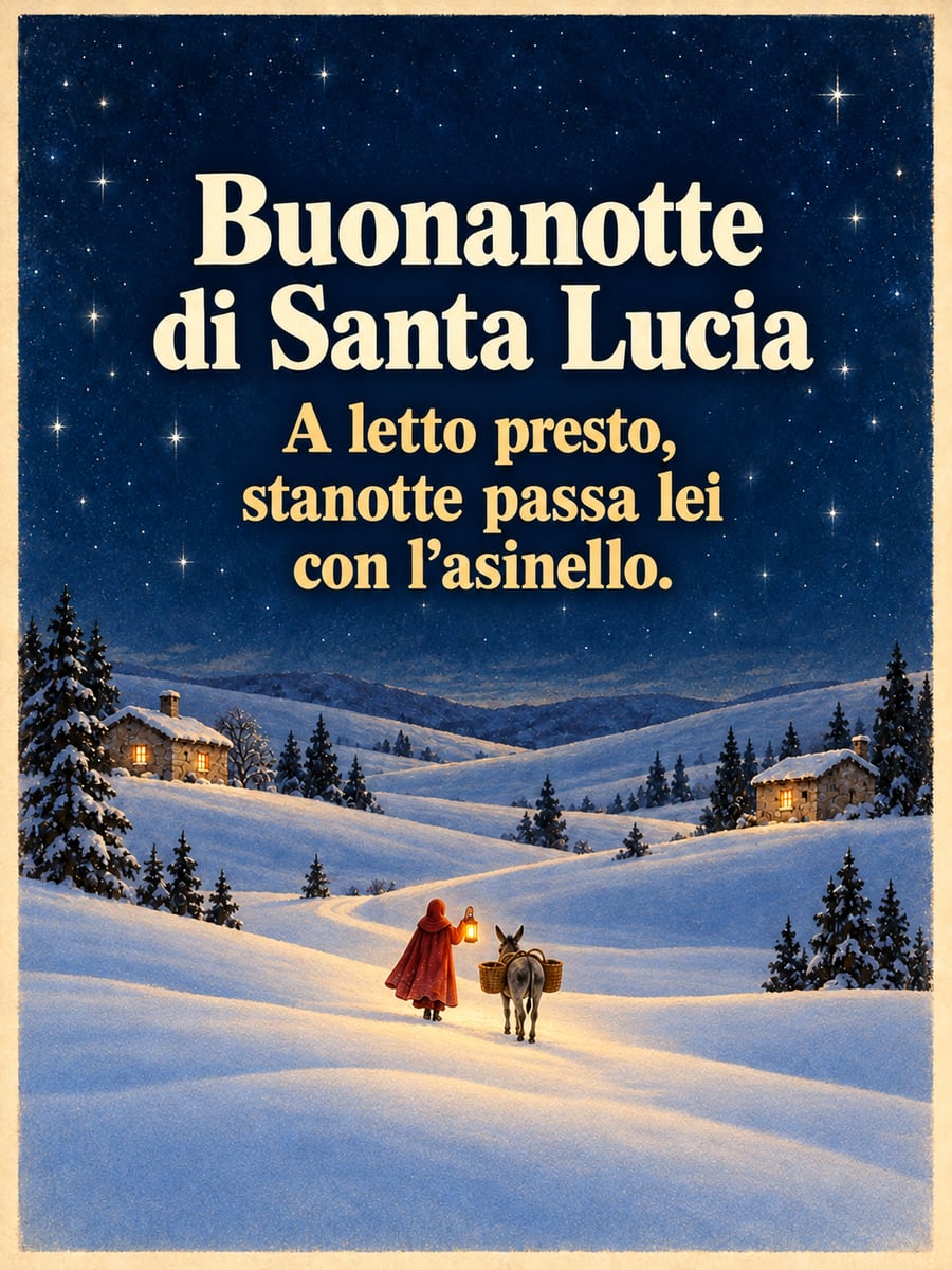 Immagine di Santa Lucia con la scritta «Buonanotte di Santa Lucia» e «A letto presto, stanotte passa lei con l’asinello.» – Santa Lucia di spalle con la lanterna, asinello con le ceste, valle innevata sotto le stelle