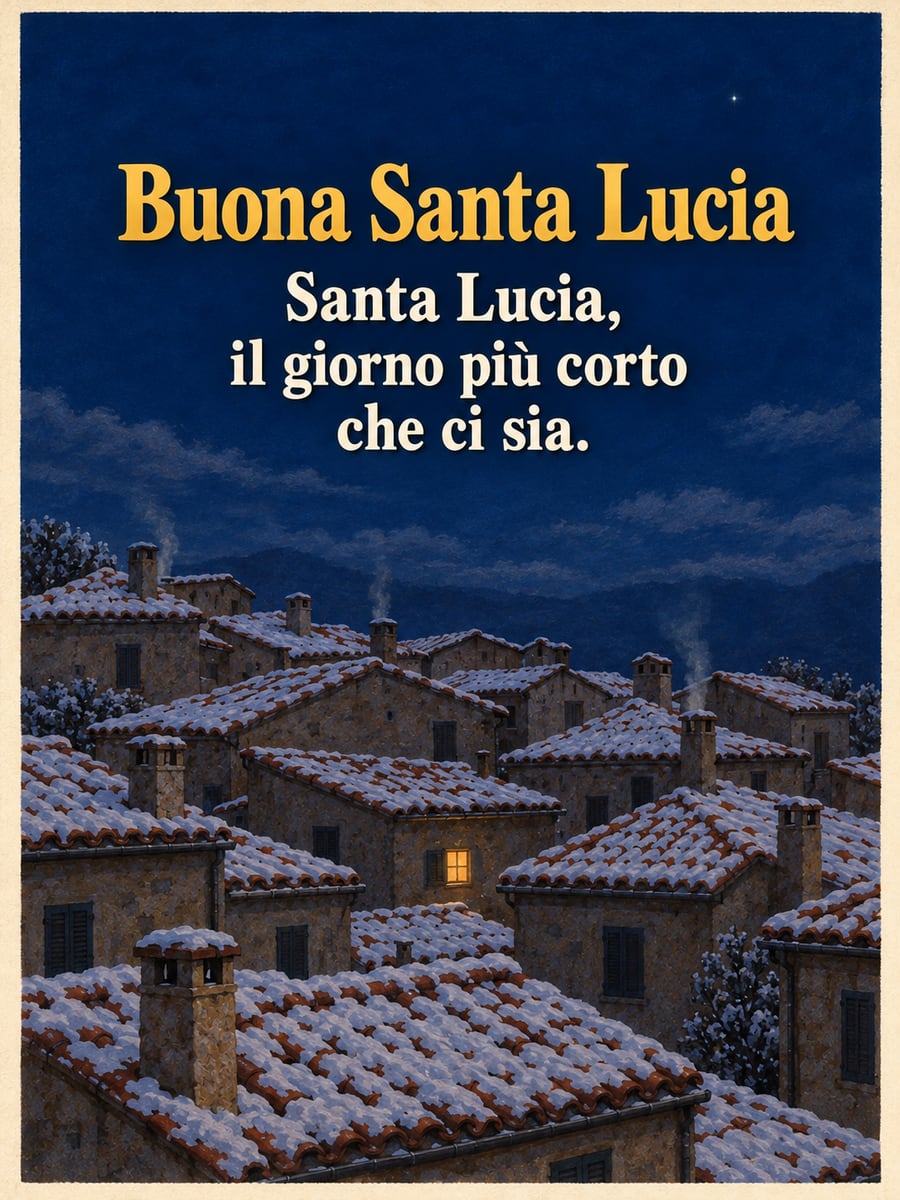 Immagine di Santa Lucia con la scritta «Buona Santa Lucia» e «Santa Lucia, il giorno più corto che ci sia.» – tetti innevati del paese, prima finestra illuminata, cielo della sera