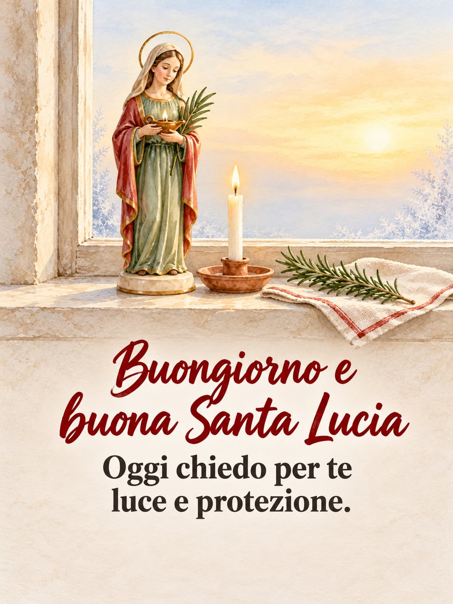 Immagine di Santa Lucia con la scritta «Buongiorno e buona Santa Lucia» e «Oggi chiedo per te luce e protezione.» – statuina della santa sul davanzale, candela accesa, finestra con il gelo, sole del mattino