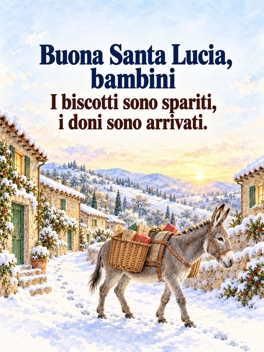 Immagine di Santa Lucia con la scritta «Buona Santa Lucia, bambini» e «I biscotti sono spariti, i doni sono arrivati.» – asinello grigio con le ceste di vimini e i doni, vicolo innevato del paese, alba