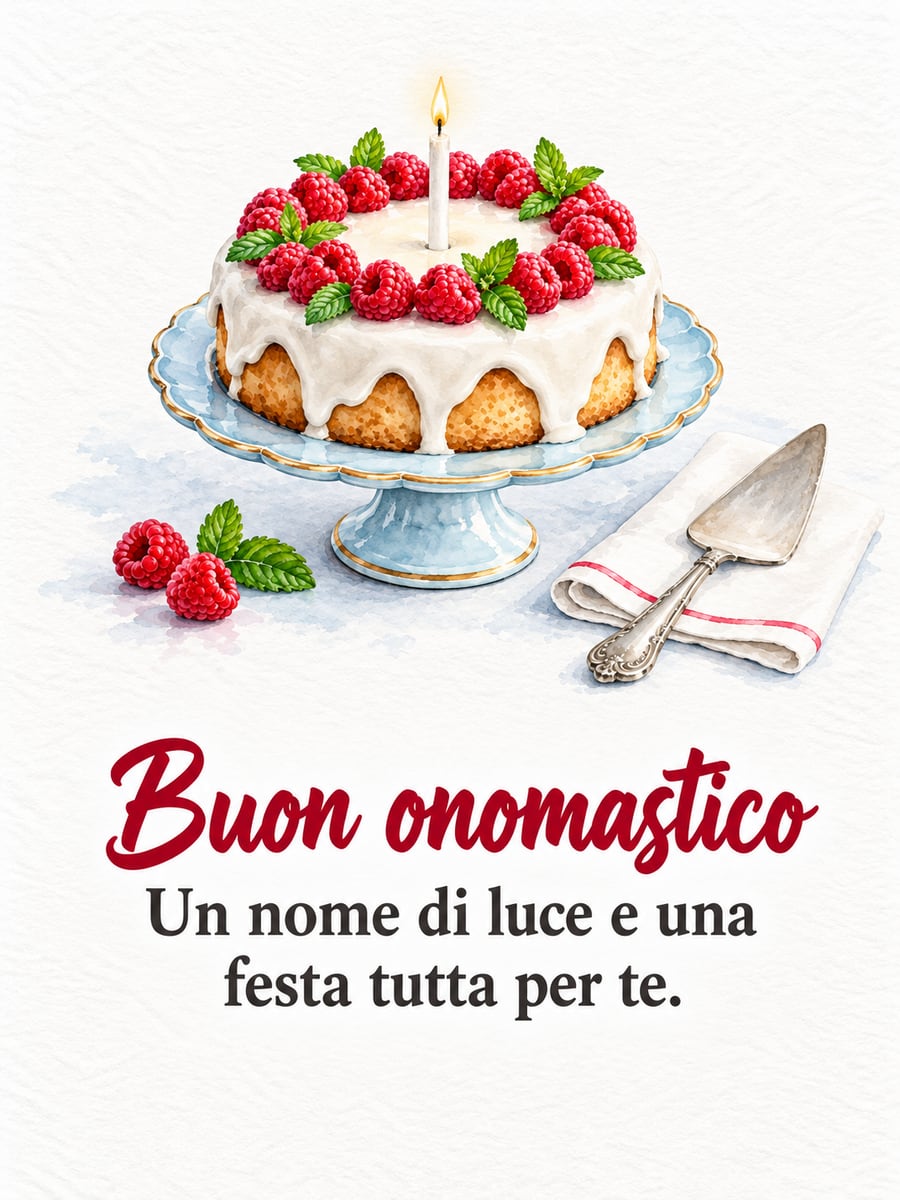 Immagine di Santa Lucia con la scritta «Buon onomastico» e «Un nome di luce e una festa tutta per te.» – torta glassata con lamponi, una candelina accesa, paletta da dolce