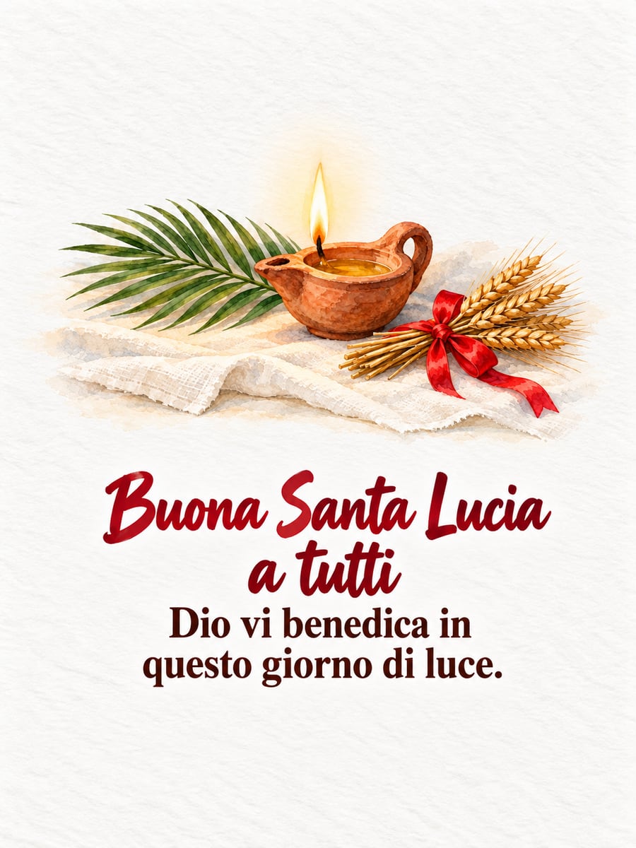 Immagine di Santa Lucia con la scritta «Buona Santa Lucia a tutti» e «Dio vi benedica in questo giorno di luce.» – lampada a olio accesa, palma, spighe di grano con un nastro rosso