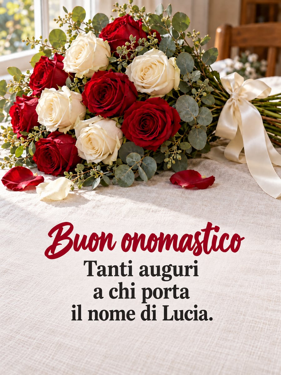 Immagine di Santa Lucia con la scritta «Buon onomastico» e «Tanti auguri a chi porta il nome di Lucia.» – mazzo di rose rosse e bianche, nastro di raso avorio, petali sulla tovaglia