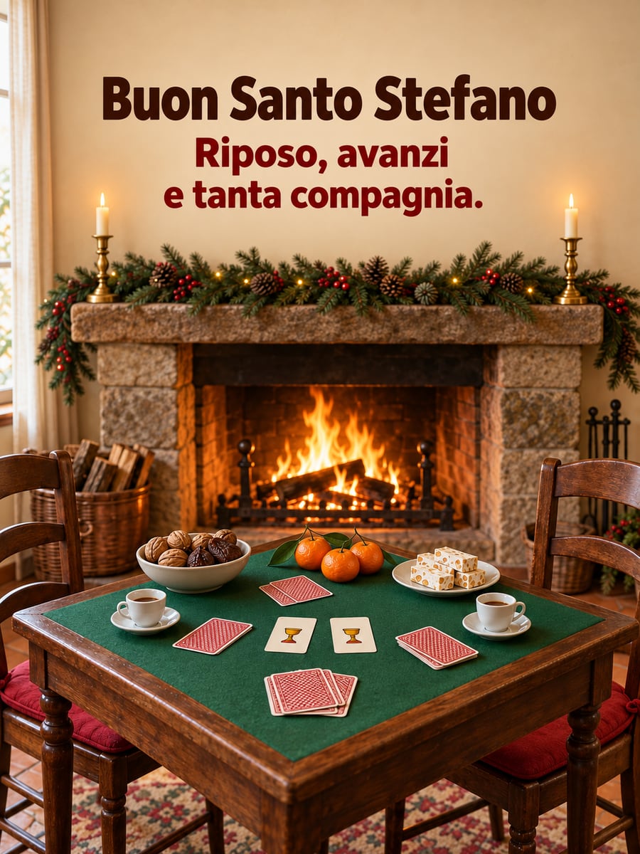 Immagine di Santo Stefano con la scritta «Buon Santo Stefano» e «Riposo, avanzi e tanta compagnia.» – carte da gioco, camino acceso, torrone, mandarini