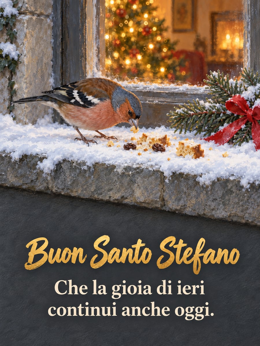 Immagine di Santo Stefano con la scritta «Buon Santo Stefano» e «Che la gioia di ieri continui anche oggi.» – fringuello, davanzale innevato, briciole di panettone
