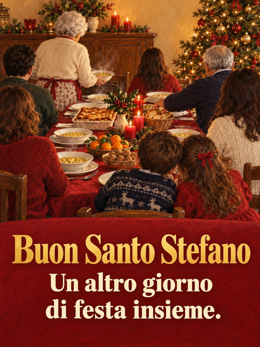 Immagine di Santo Stefano con la scritta «Buon Santo Stefano» e «Un altro giorno di festa insieme.» – famiglia a tavola, albero di Natale, candele