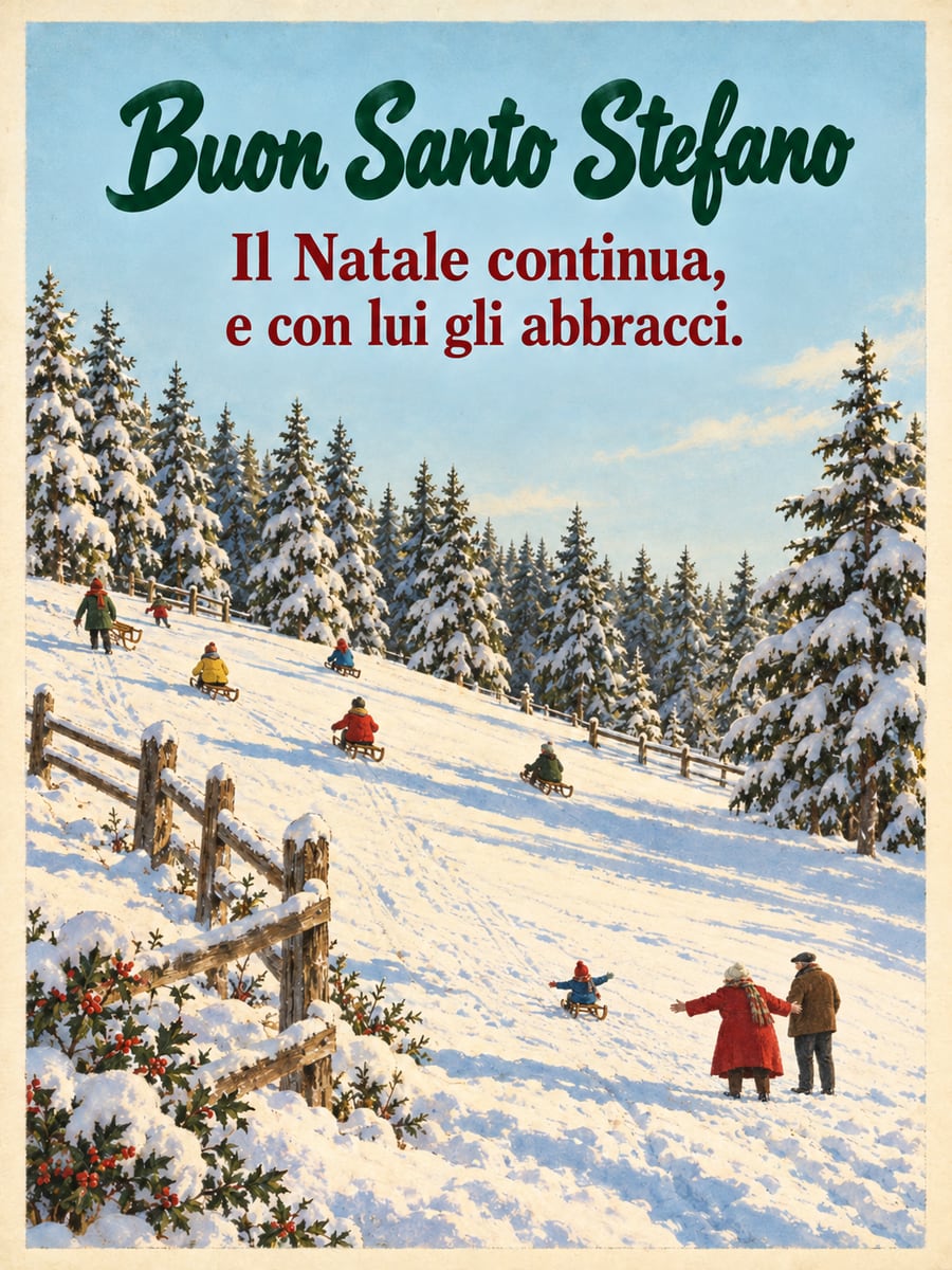Immagine di Santo Stefano con la scritta «Buon Santo Stefano» e «Il Natale continua, e con lui gli abbracci.» – slittini, collina innevata, bosco di abeti