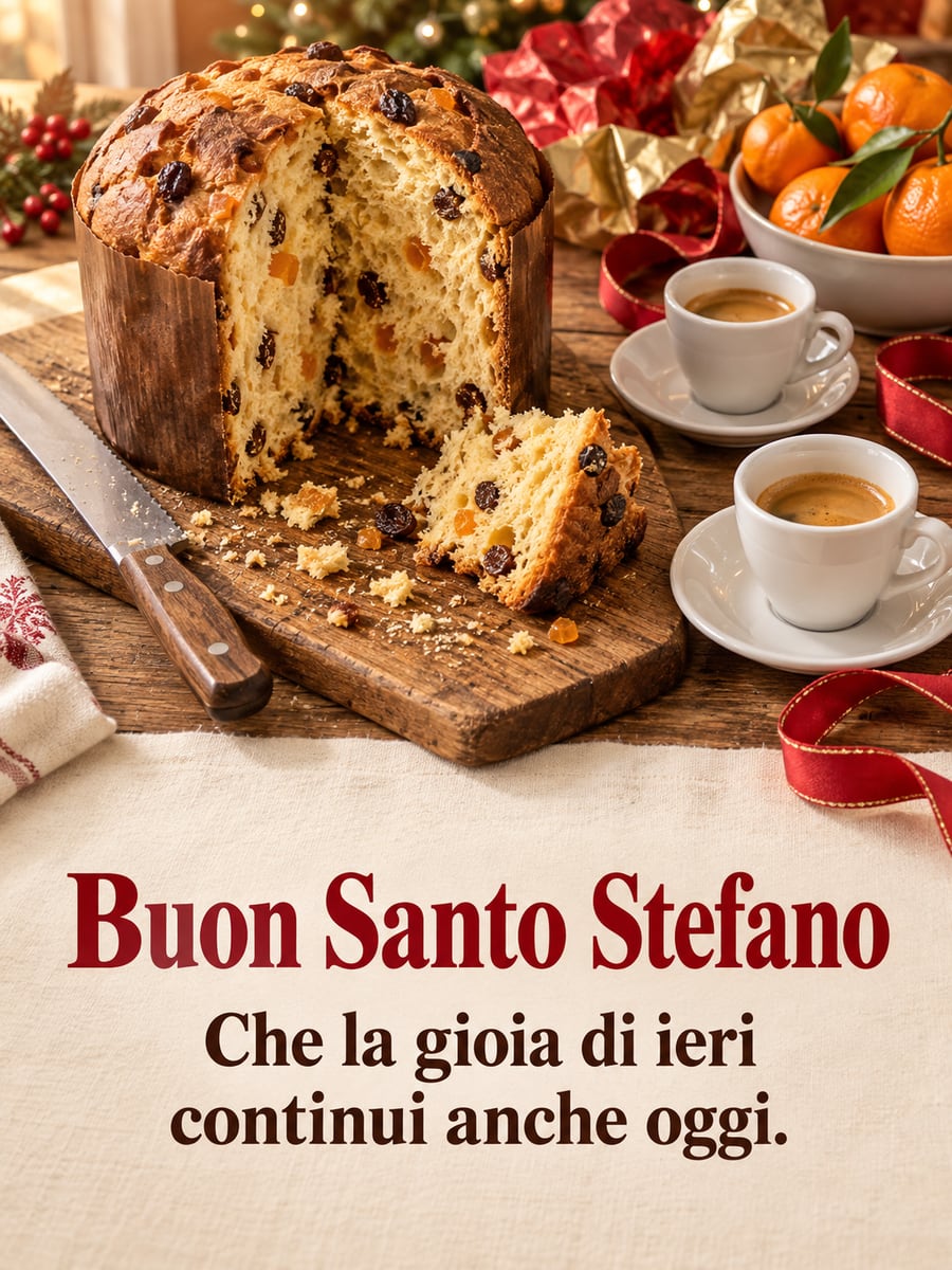 Immagine di Santo Stefano con la scritta «Buon Santo Stefano» e «Che la gioia di ieri continui anche oggi.» – panettone, tazzine di caffè, mandarini