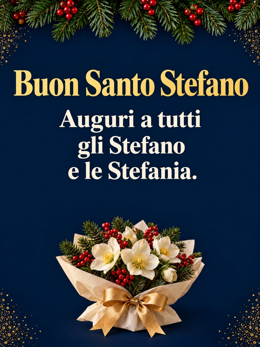 Immagine di Santo Stefano con la scritta «Buon Santo Stefano» e «Auguri a tutti gli Stefano e le Stefania.» – mazzo di rose di Natale, nastro dorato, bacche rosse