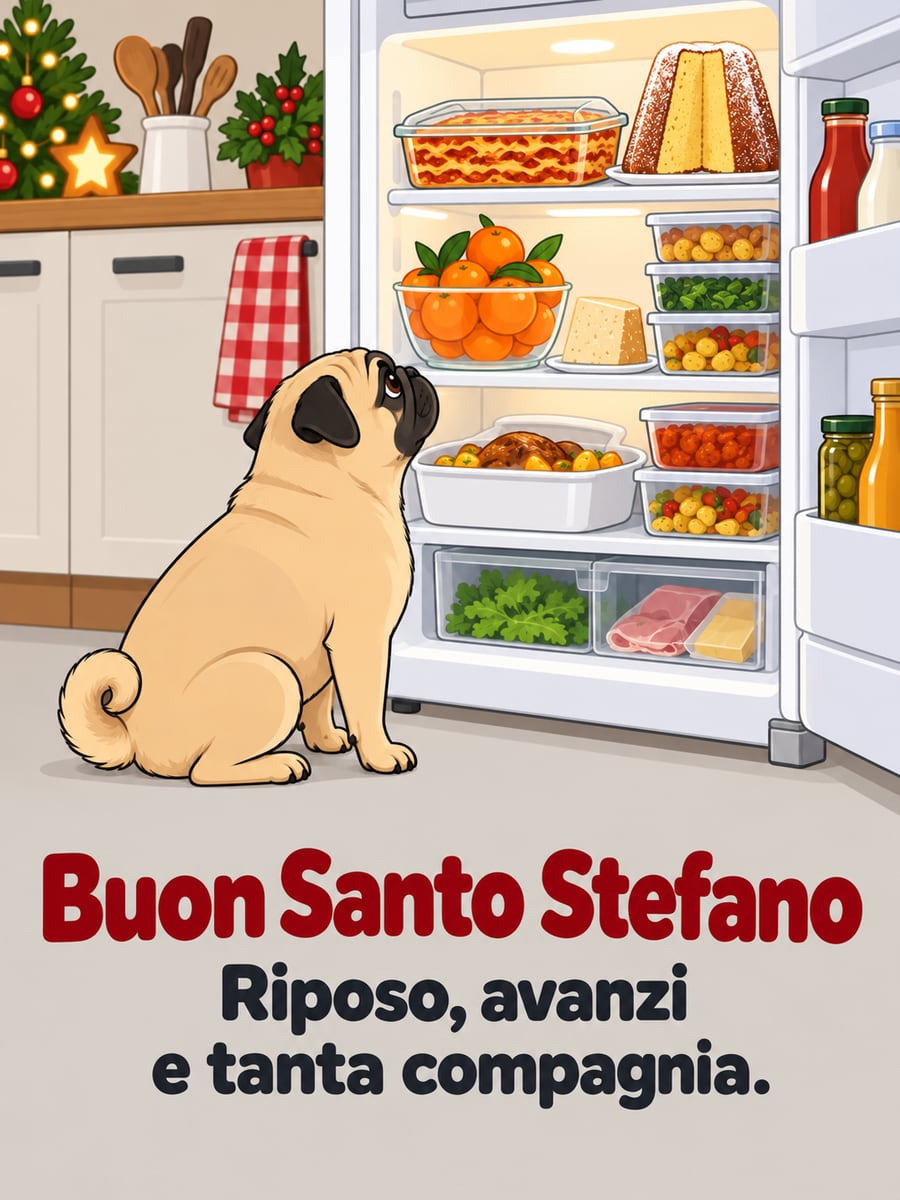 Immagine di Santo Stefano con la scritta «Buon Santo Stefano» e «Riposo, avanzi e tanta compagnia.» – carlino, frigorifero, avanzi