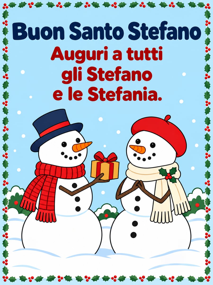 Immagine di Santo Stefano con la scritta «Buon Santo Stefano» e «Auguri a tutti gli Stefano e le Stefania.» – pupazzi di neve, regalo, agrifoglio