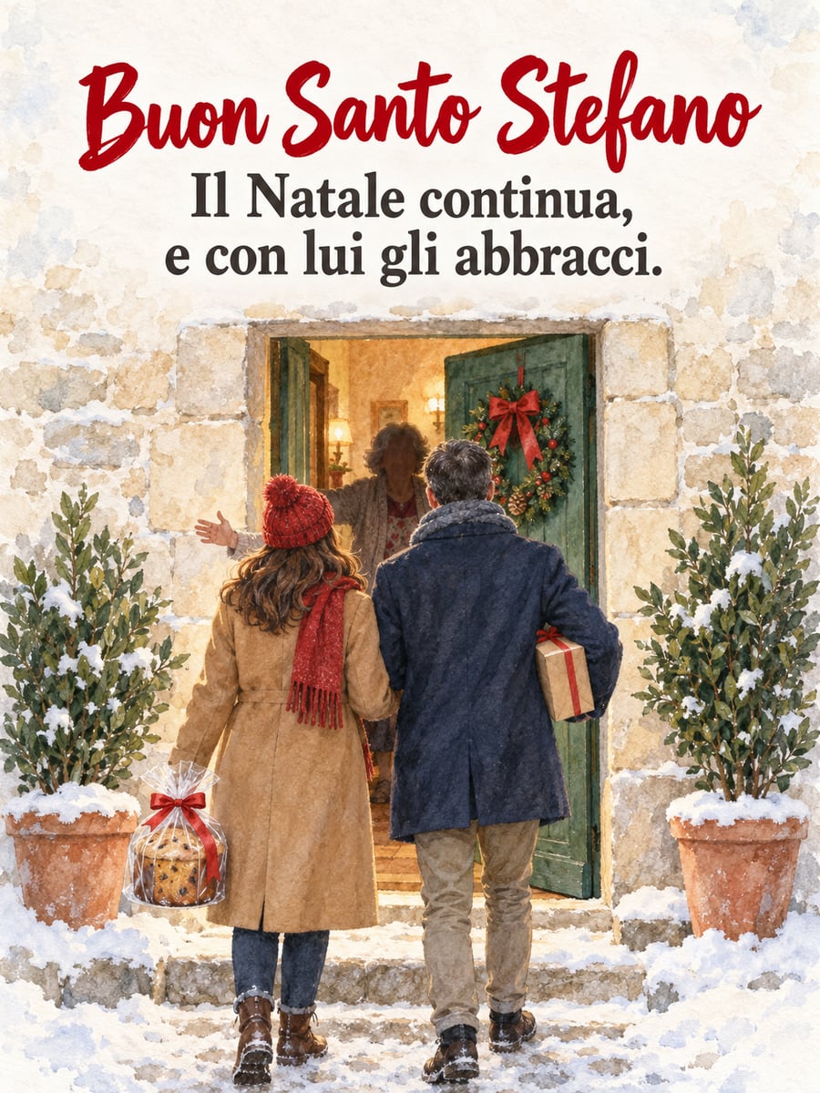 Immagine di Santo Stefano con la scritta «Buon Santo Stefano» e «Il Natale continua, e con lui gli abbracci.» – visita ai parenti, porta di casa, panettone, ghirlanda
