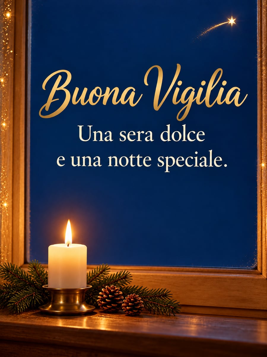 Immagine della Vigilia di Natale con la scritta «Buona Vigilia» e «Una sera dolce e una notte speciale.» – candela, finestra, stella cometa, pigne