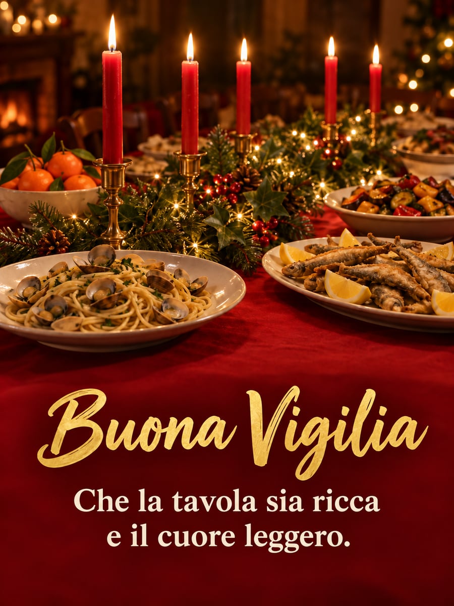 Immagine della Vigilia di Natale con la scritta «Buona Vigilia» e «Che la tavola sia ricca e il cuore leggero.» – candele rosse, spaghetti alle vongole, pesce fritto, mandarini