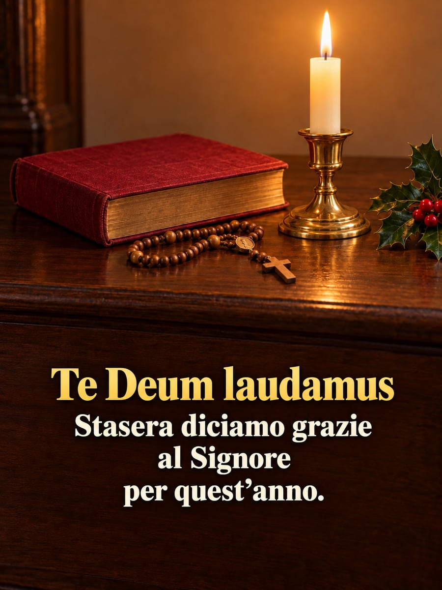Immagine della Vigilia di Capodanno con la scritta «Te Deum laudamus» e «Stasera diciamo grazie al Signore per quest’anno.» – candela accesa in un candeliere d’ottone, vecchio libro chiuso, rosario di legno, agrifoglio