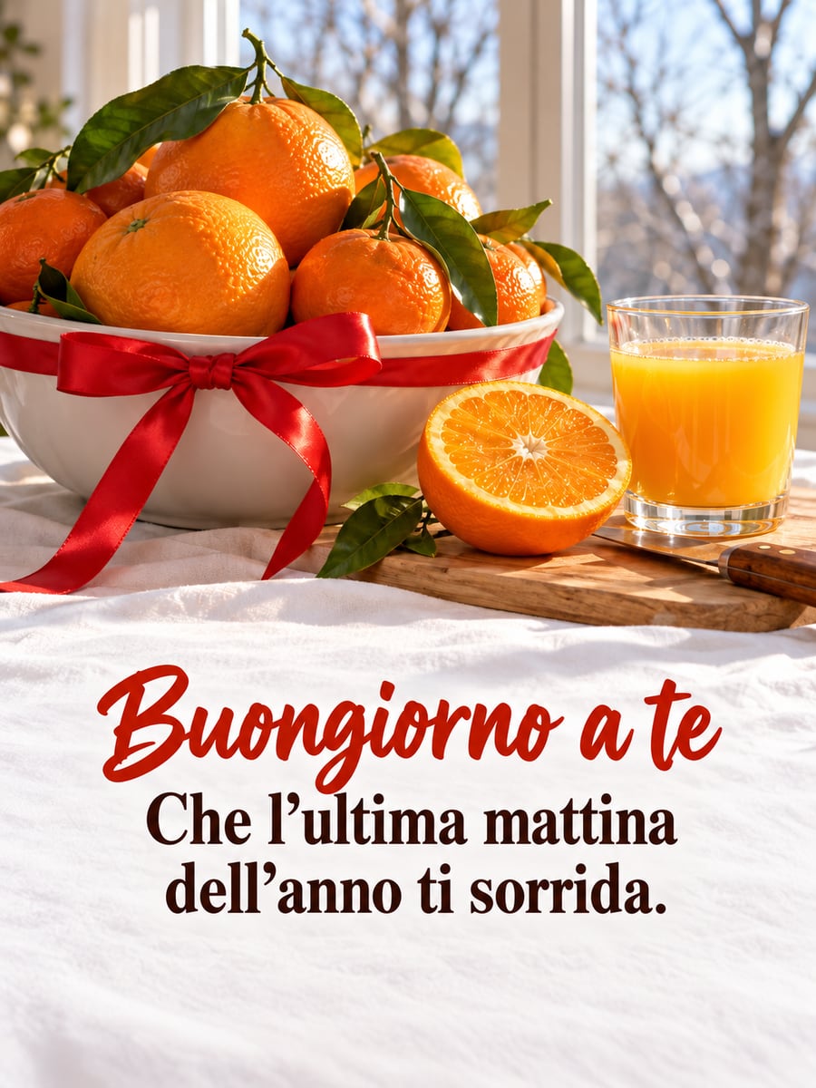 Immagine della Vigilia di Capodanno con la scritta «Buongiorno a te» e «Che l’ultima mattina dell’anno ti sorrida.» – ciotola di arance e mandarini, nastro di raso rosso, spremuta d’arancia