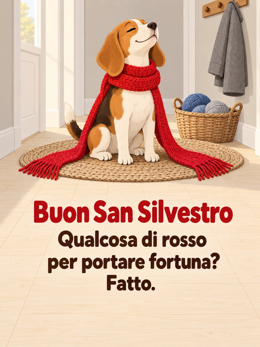 Immagine della Vigilia di Capodanno con la scritta «Buon San Silvestro» e «Qualcosa di rosso per portare fortuna? Fatto.» – beagle con una lunga sciarpa rossa, tappeto rotondo, cesto di gomitoli