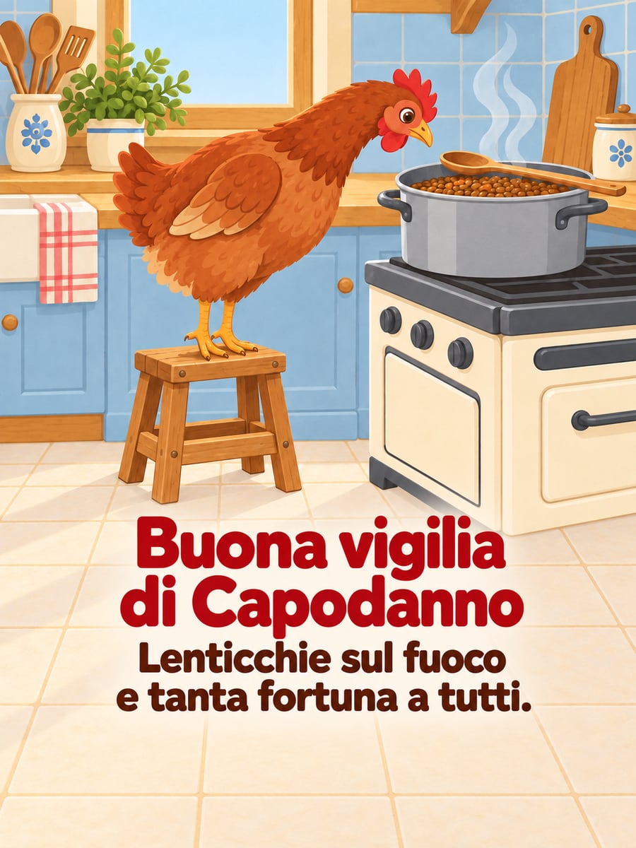 Immagine della Vigilia di Capodanno con la scritta «Buona vigilia di Capodanno» e «Lenticchie sul fuoco e tanta fortuna a tutti.» – gallina sullo sgabello che guarda nella pentola, pentola di lenticchie, cucina di campagna
