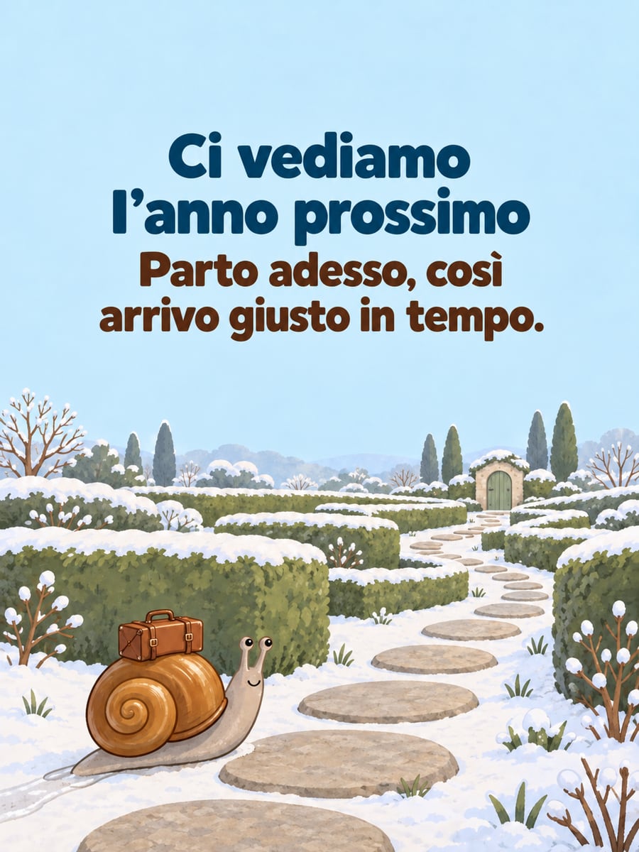 Immagine della Vigilia di Capodanno con la scritta «Ci vediamo l’anno prossimo» e «Parto adesso, così arrivo giusto in tempo.» – lumaca con la valigia, sentiero del giardino d’inverno, porta verde in fondo