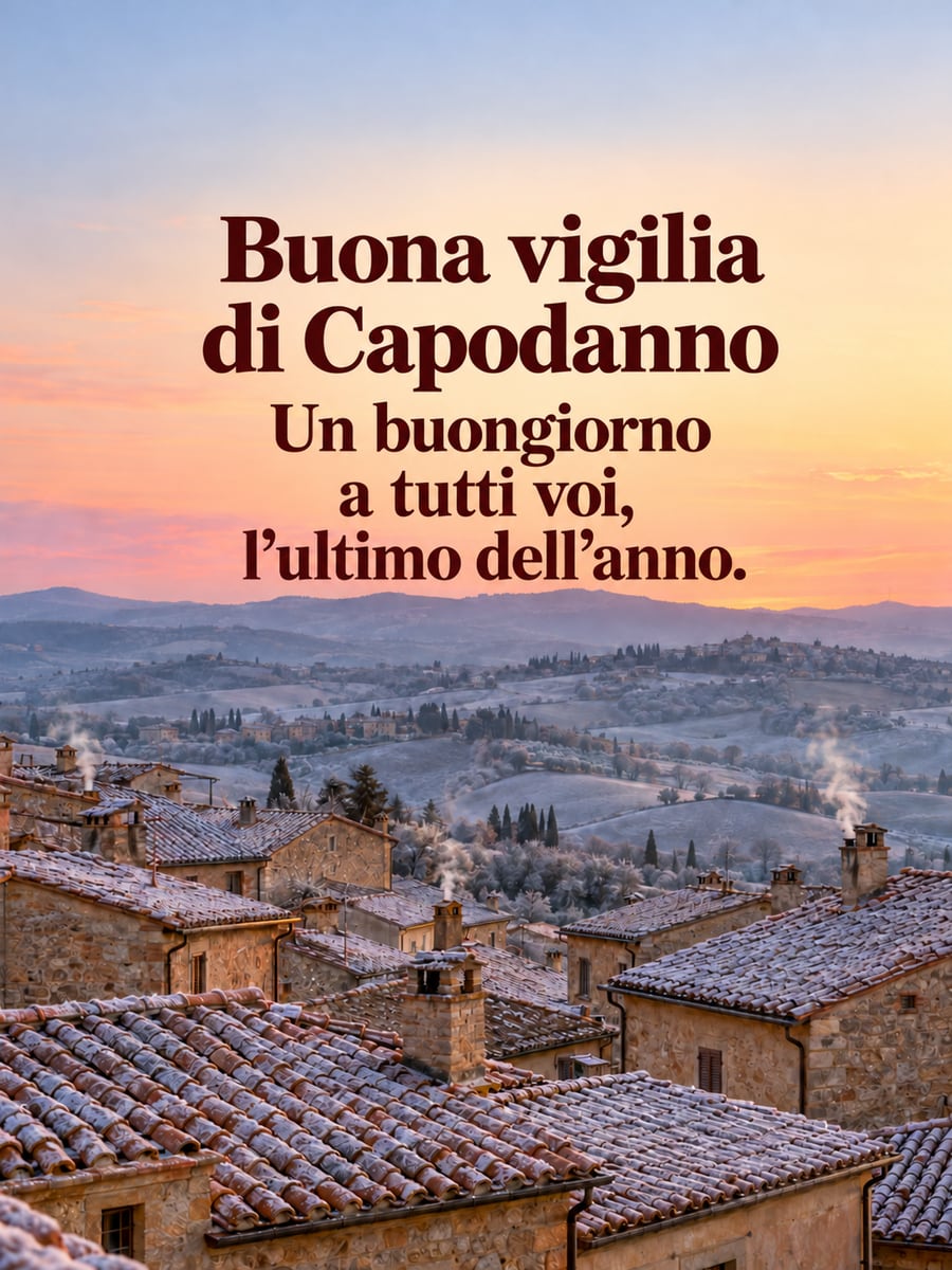 Immagine della Vigilia di Capodanno con la scritta «Buona vigilia di Capodanno» e «Un buongiorno a tutti voi, l’ultimo dell’anno.» – tetti di un paese di collina con la brina, comignoli, alba rosa e oro