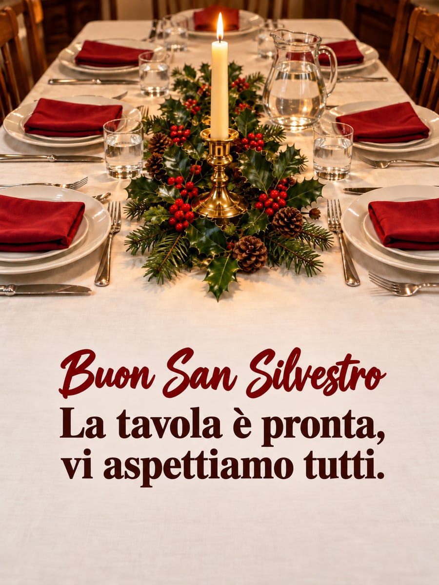 Immagine della Vigilia di Capodanno con la scritta «Buon San Silvestro» e «La tavola è pronta, vi aspettiamo tutti.» – tavola apparecchiata, tovaglioli rossi, agrifoglio e pigne, candela in un candeliere d’ottone, caraffa d’acqua
