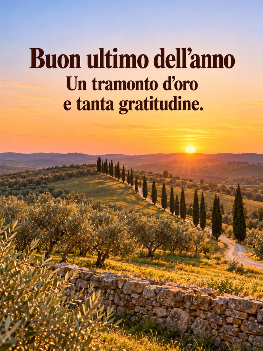 Immagine della Vigilia di Capodanno con la scritta «Buon ultimo dell’anno» e «Un tramonto d’oro e tanta gratitudine.» – tramonto sulle colline, uliveti, filare di cipressi, muretto a secco