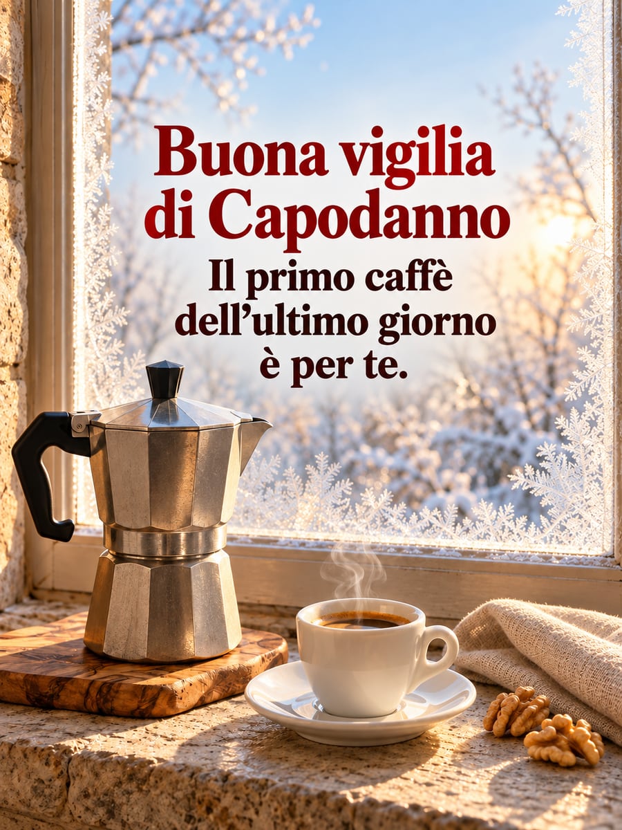 Immagine della Vigilia di Capodanno con la scritta «Buona vigilia di Capodanno» e «Il primo caffè dell’ultimo giorno è per te.» – moka, tazzina di caffè, finestra con la brina, noci su un tagliere d’ulivo