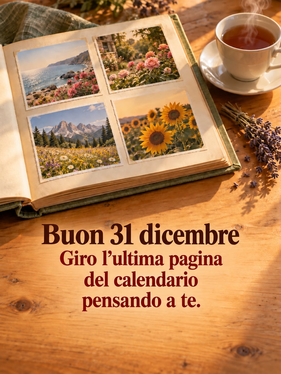 Immagine della Vigilia di Capodanno con la scritta «Buon 31 dicembre» e «Giro l’ultima pagina del calendario pensando a te.» – album di fotografie aperto, tazza di tè, rametto di lavanda