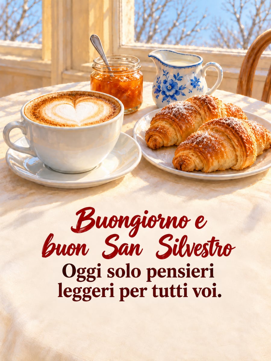 Immagine della Vigilia di Capodanno con la scritta «Buongiorno e buon San Silvestro» e «Oggi solo pensieri leggeri per tutti voi.» – cappuccino con il cuore nella schiuma, due cornetti, barattolo di marmellata di albicocche
