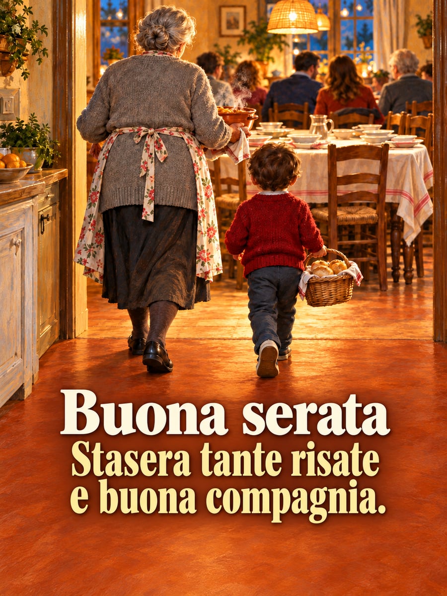 Immagine della Vigilia di Capodanno con la scritta «Buona serata» e «Stasera tante risate e buona compagnia.» – nonna e nipote di spalle, cestino di panini, tavola apparecchiata per la famiglia