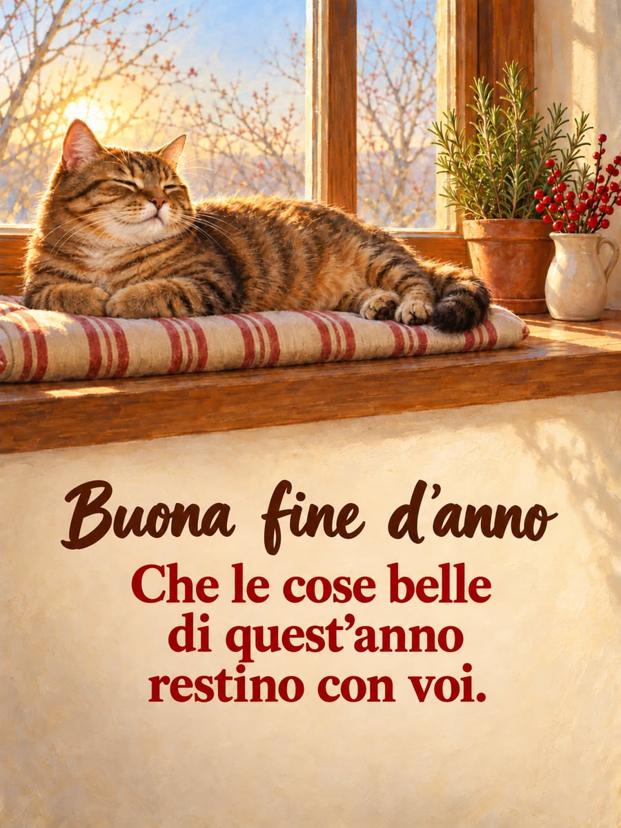 Immagine della Vigilia di Capodanno con la scritta «Buona fine d’anno» e «Che le cose belle di quest’anno restino con voi.» – gatto tigrato sul davanzale, primo raggio di sole, rosmarino in vaso