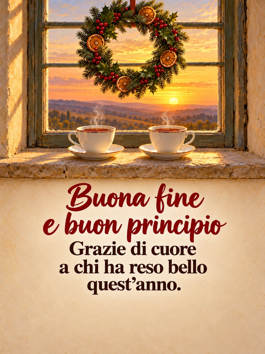Immagine della Vigilia di Capodanno con la scritta «Buona fine e buon principio» e «Grazie di cuore a chi ha reso bello quest’anno.» – ghirlanda di abete e arance alla finestra, due tazze di tè, tramonto sulle colline