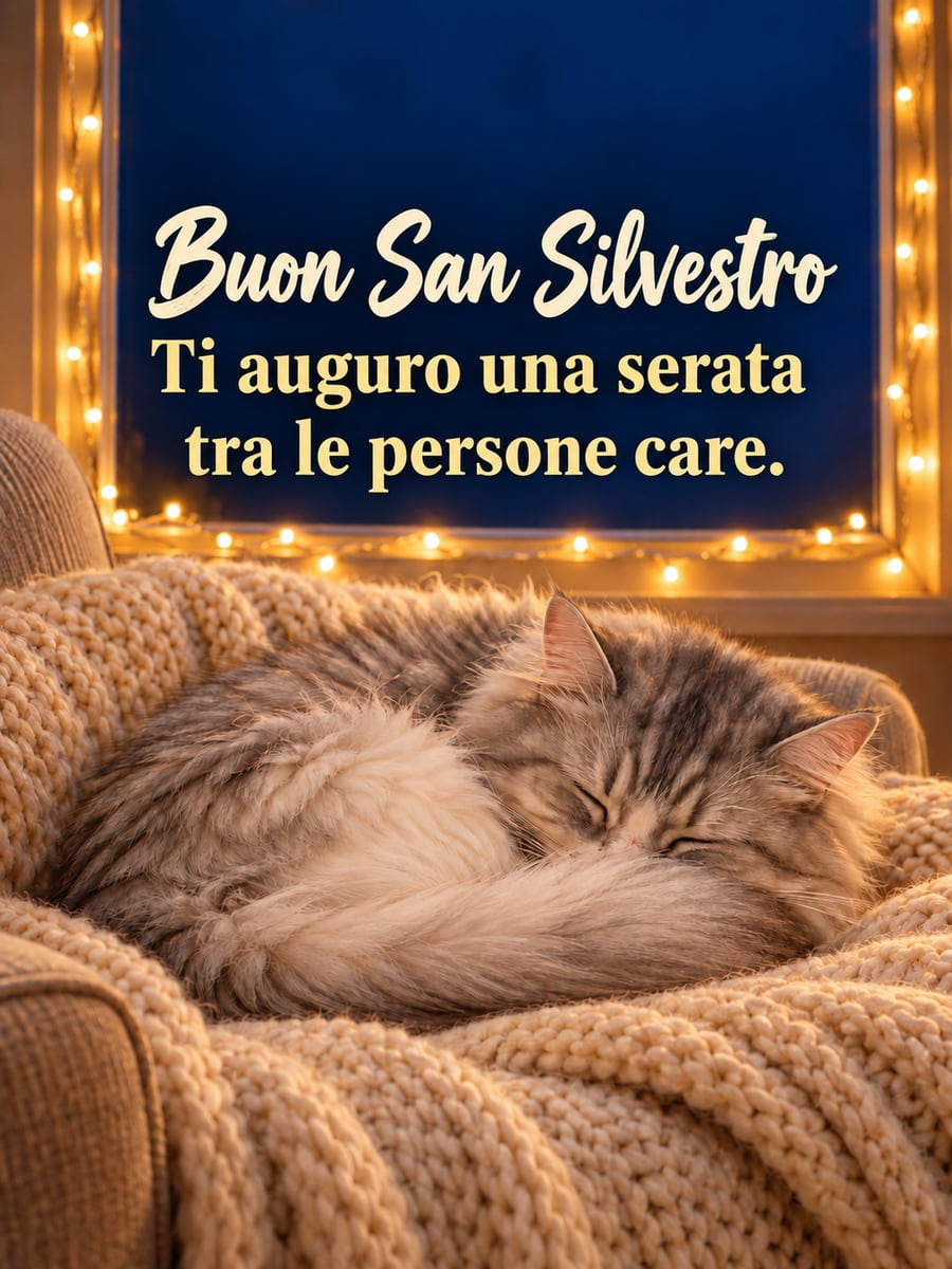 Immagine della Vigilia di Capodanno con la scritta «Buon San Silvestro» e «Ti auguro una serata tra le persone care.» – gatto grigio e bianco a pelo lungo che dorme, coperta di lana, lucine alla finestra