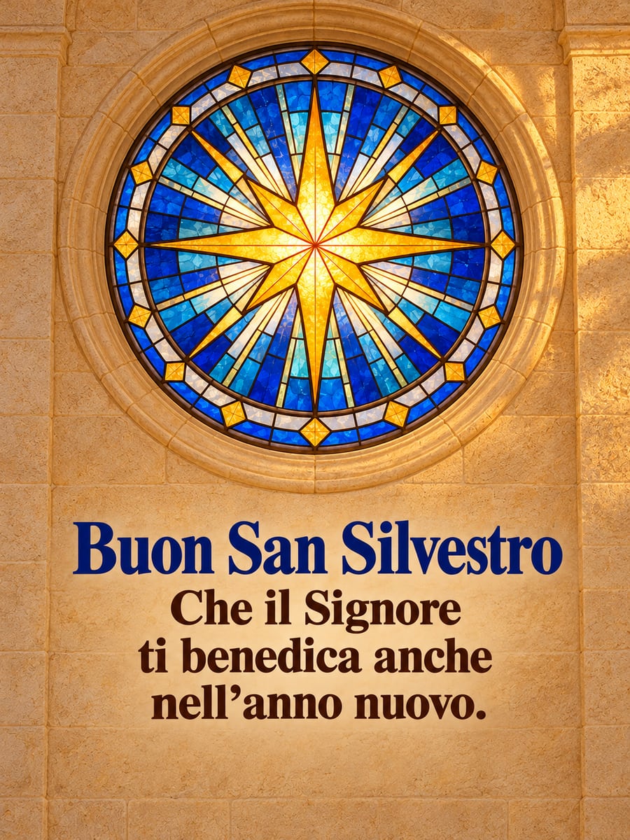 Immagine della Vigilia di Capodanno con la scritta «Buon San Silvestro» e «Che il Signore ti benedica anche nell’anno nuovo.» – rosone di vetro colorato, stella dorata, raggi di luce