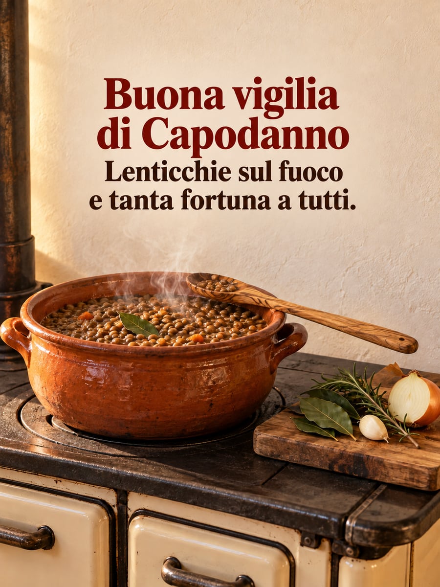 Immagine della Vigilia di Capodanno con la scritta «Buona vigilia di Capodanno» e «Lenticchie sul fuoco e tanta fortuna a tutti.» – pentola di lenticchie sulla stufa a legna, cucchiaio di legno, alloro, rosmarino e cipolla