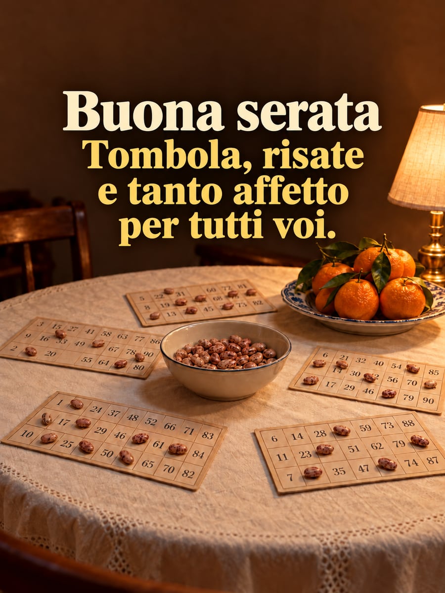 Immagine della Vigilia di Capodanno con la scritta «Buona serata» e «Tombola, risate e tanto affetto per tutti voi.» – cartelle della tombola con i fagioli, piatto di mandarini, lampada sul tavolo