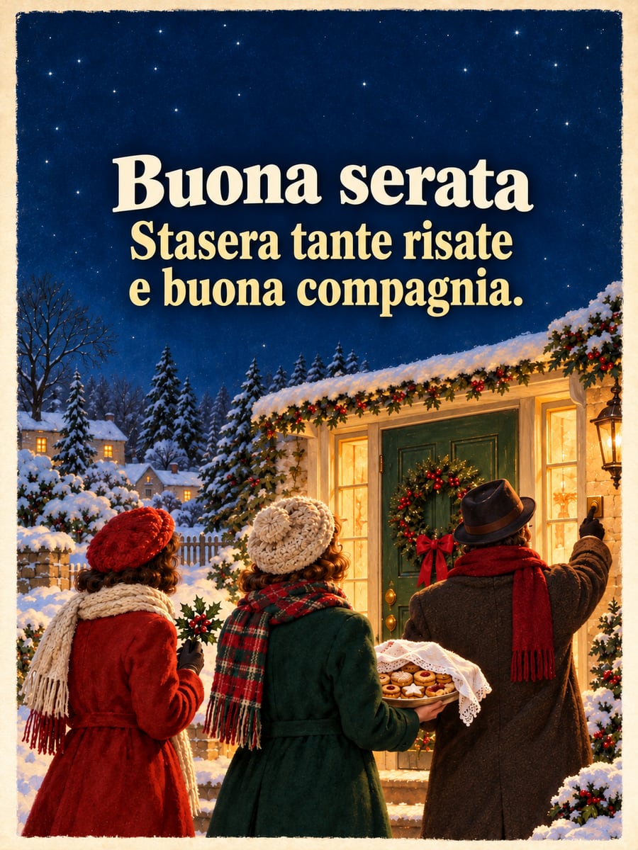 Immagine della Vigilia di Capodanno con la scritta «Buona serata» e «Stasera tante risate e buona compagnia.» – amici di spalle sulla porta di casa, vassoio di biscotti fatti in casa, rametto di agrifoglio, ghirlanda sulla porta, neve