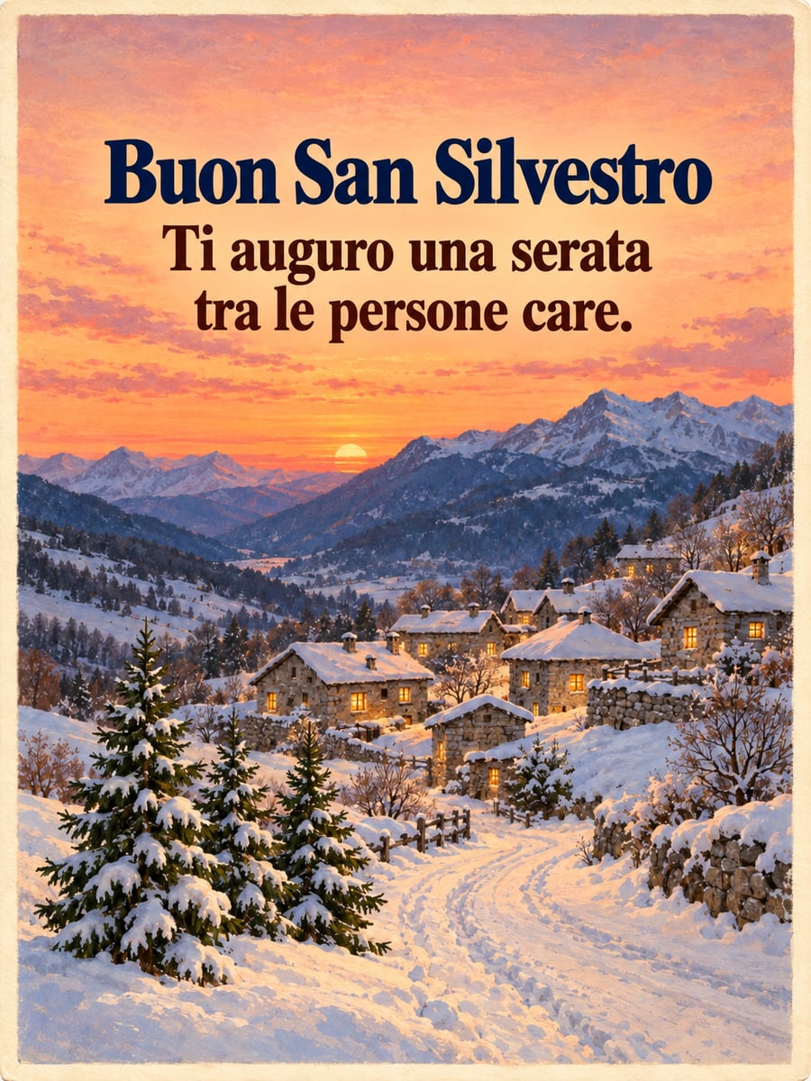 Immagine della Vigilia di Capodanno con la scritta «Buon San Silvestro» e «Ti auguro una serata tra le persone care.» – borgo di montagna con la neve, prime luci alle finestre, tramonto color albicocca, abeti