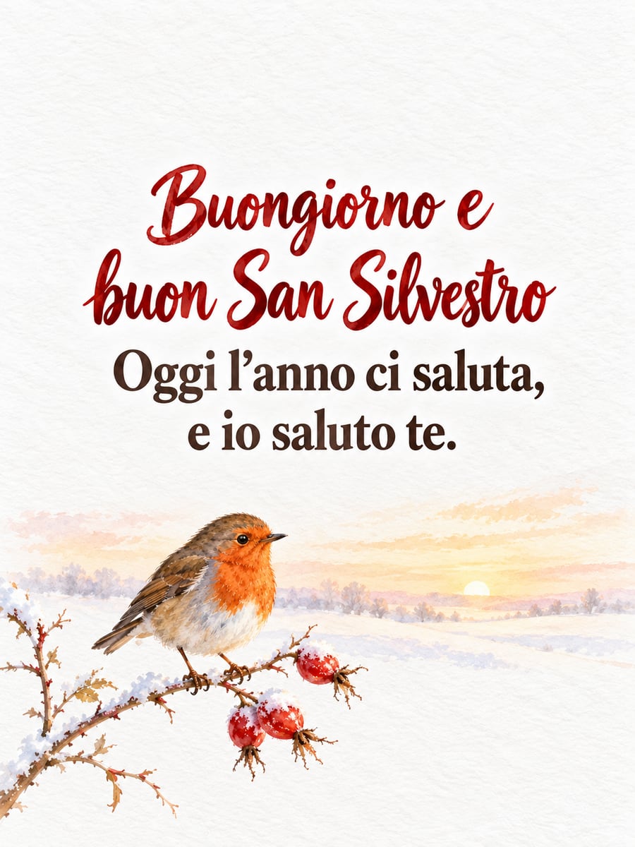 Immagine della Vigilia di Capodanno con la scritta «Buongiorno e buon San Silvestro» e «Oggi l’anno ci saluta, e io saluto te.» – pettirosso, rametto di rosa canina con la neve, sole che sorge