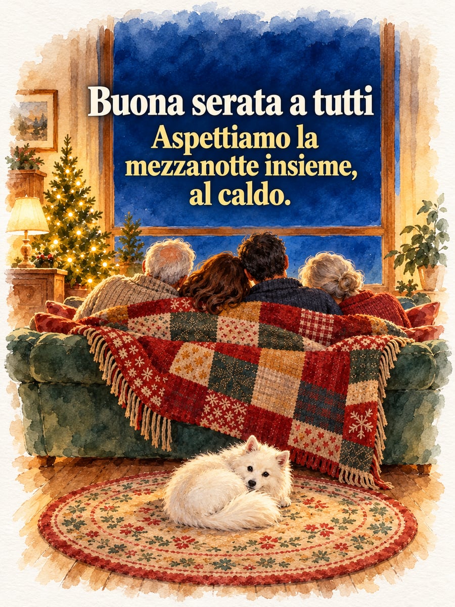 Immagine della Vigilia di Capodanno con la scritta «Buona serata a tutti» e «Aspettiamo la mezzanotte insieme, al caldo.» – famiglia di spalle sotto una coperta patchwork, volpino italiano bianco, finestra sul cielo della sera, piccolo albero di Natale con le luci