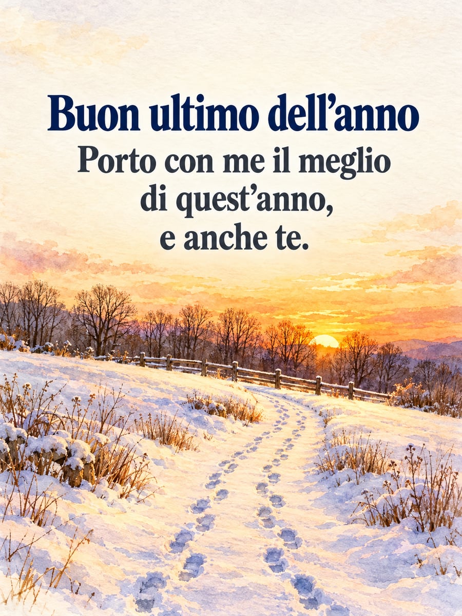Immagine della Vigilia di Capodanno con la scritta «Buon ultimo dell’anno» e «Porto con me il meglio di quest’anno, e anche te.» – impronte di due persone nella neve, staccionata di legno, tramonto dorato
