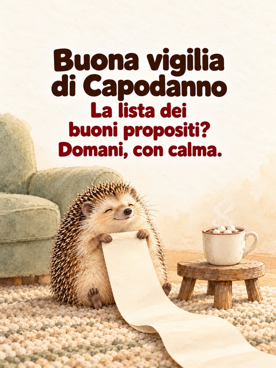 Immagine della Vigilia di Capodanno con la scritta «Buona vigilia di Capodanno» e «La lista dei buoni propositi? Domani, con calma.» – riccio con un lungo rotolo di carta bianca, poltrona, tazza di cioccolata calda