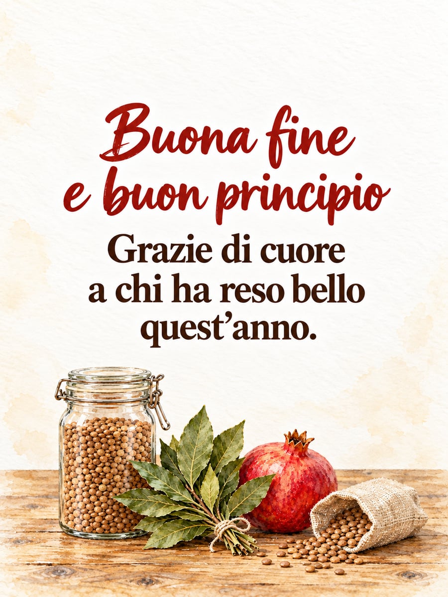 Immagine della Vigilia di Capodanno con la scritta «Buona fine e buon principio» e «Grazie di cuore a chi ha reso bello quest’anno.» – barattolo di lenticchie, mazzo di alloro, melograno, sacchetto di lino