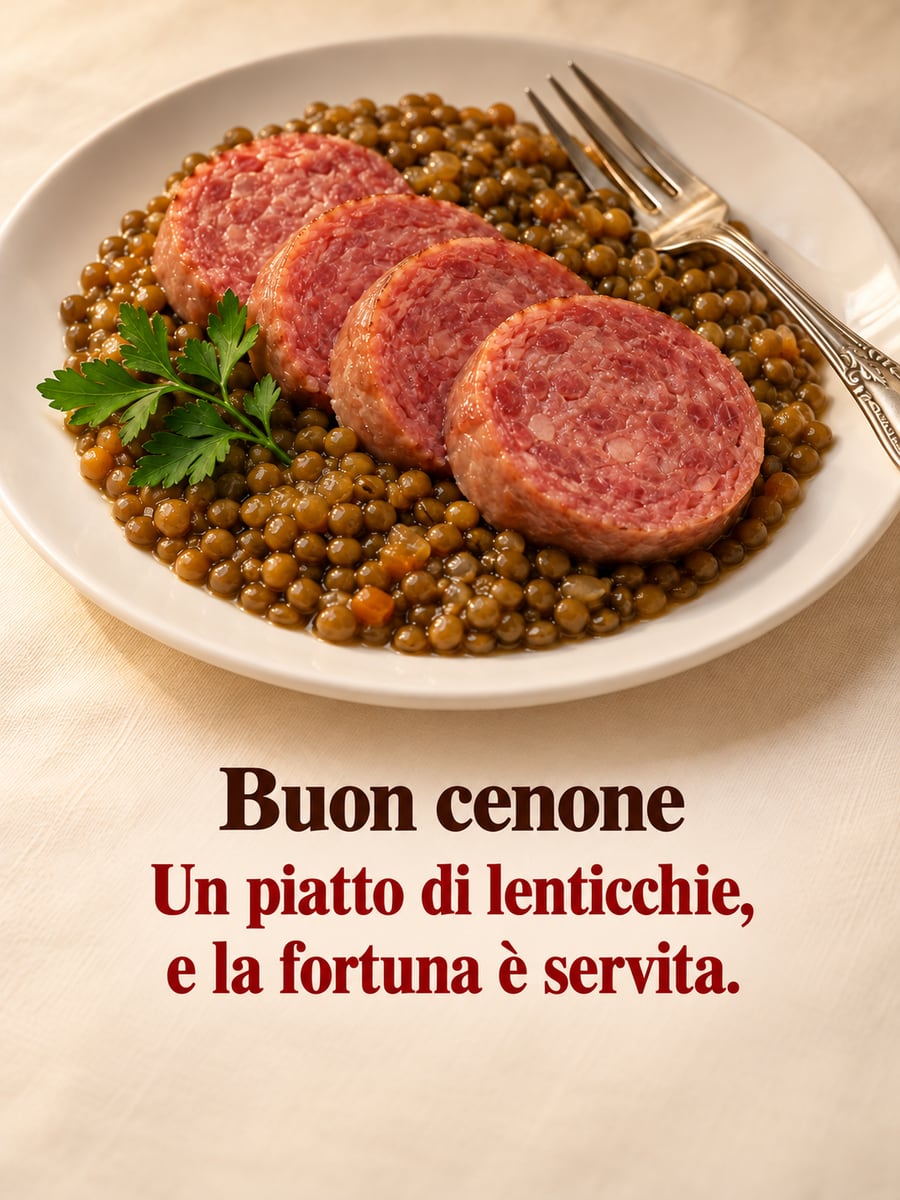 Immagine della Vigilia di Capodanno con la scritta «Buon cenone» e «Un piatto di lenticchie, e la fortuna è servita.» – fette di cotechino sulle lenticchie, piatto bianco, prezzemolo