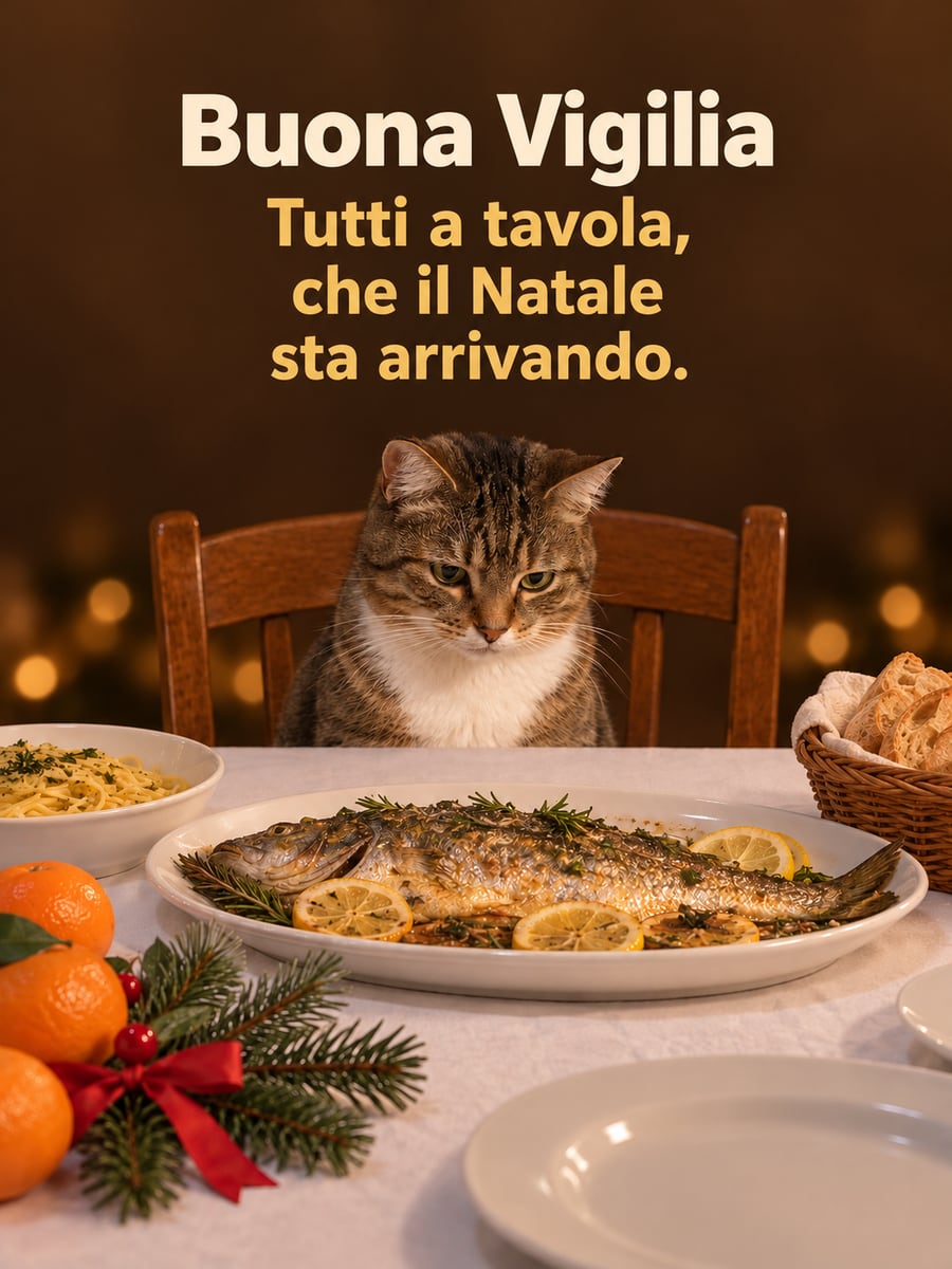 Immagine della Vigilia di Natale con la scritta «Buona Vigilia» e «Tutti a tavola, che il Natale sta arrivando.» – gatto tigrato, pesce al forno, mandarini