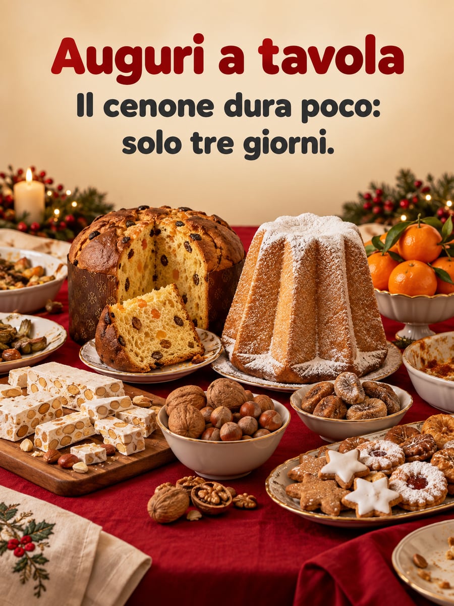 Immagine della Vigilia di Natale con la scritta «Auguri a tavola» e «Il cenone dura poco: solo tre giorni.» – panettone, pandoro, torrone, frutta secca