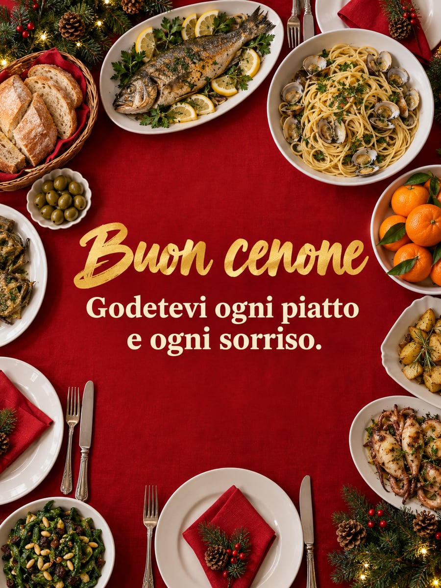 Immagine della Vigilia di Natale con la scritta «Buon cenone» e «Godetevi ogni piatto e ogni sorriso.» – cenone, pesce, spaghetti alle vongole, mandarini