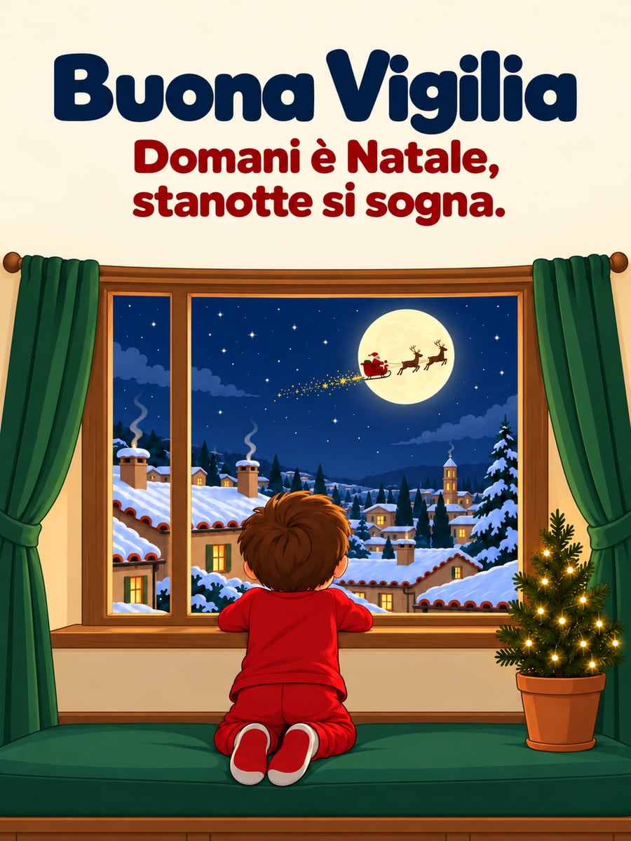 Immagine della Vigilia di Natale con la scritta «Buona Vigilia» e «Domani è Natale, stanotte si sogna.» – bambino alla finestra, slitta di Babbo Natale, luna, tetti innevati