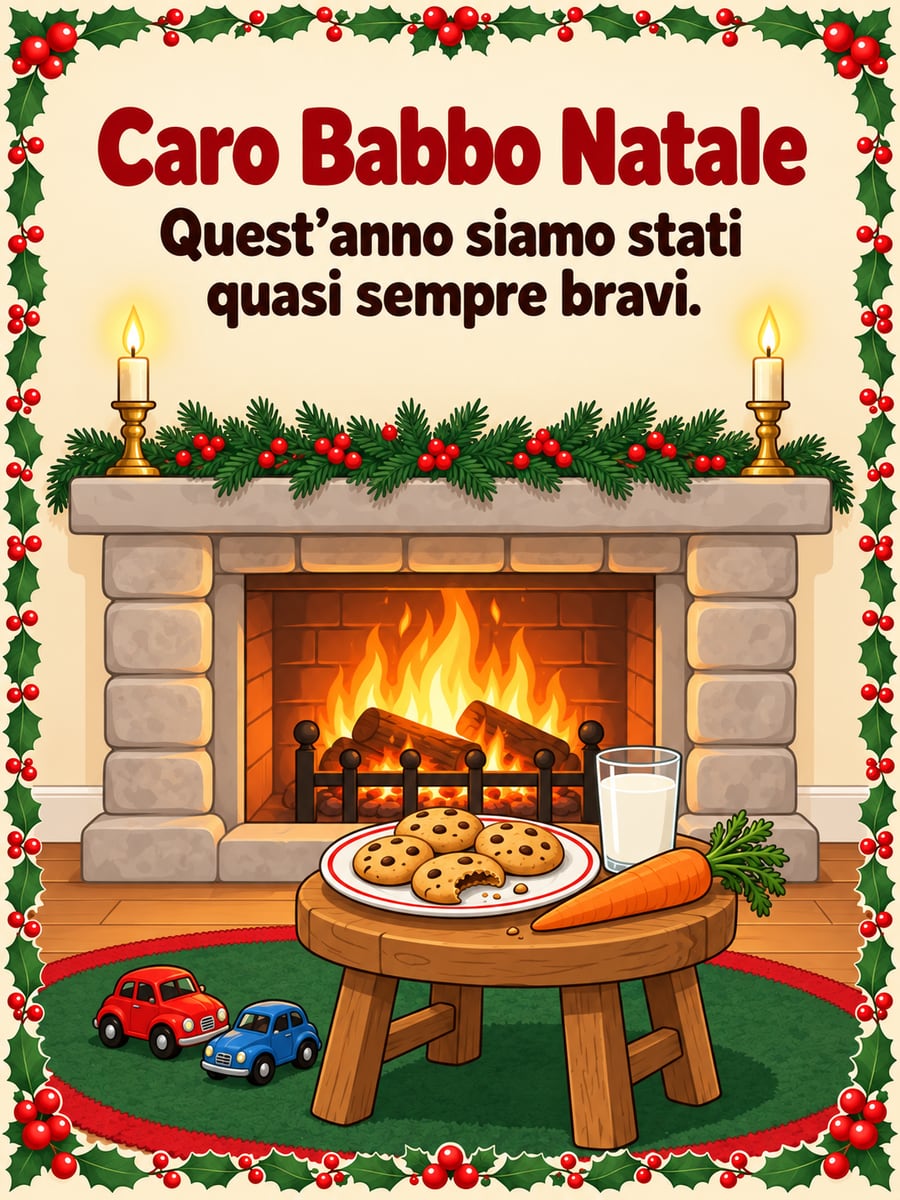 Immagine della Vigilia di Natale con la scritta «Caro Babbo Natale» e «Quest’anno siamo stati quasi sempre bravi.» – camino, biscotti, latte, carota